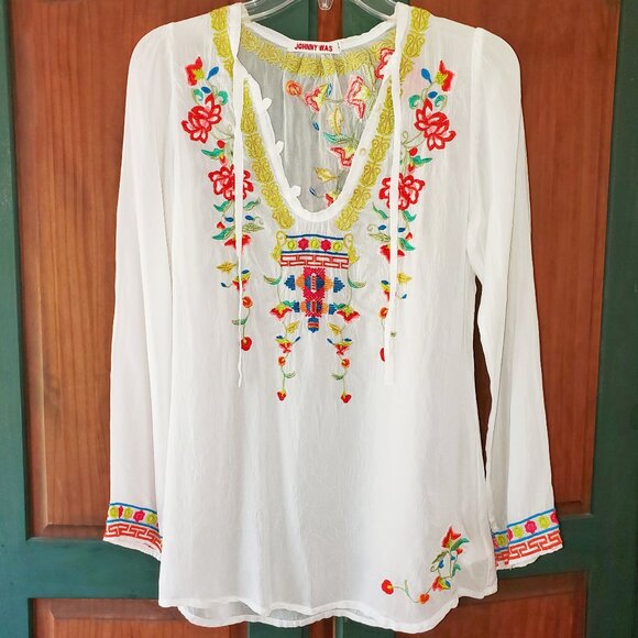 Johnny Was Cupro Embroidered Peasant Popover Top - Picture 1 of 9